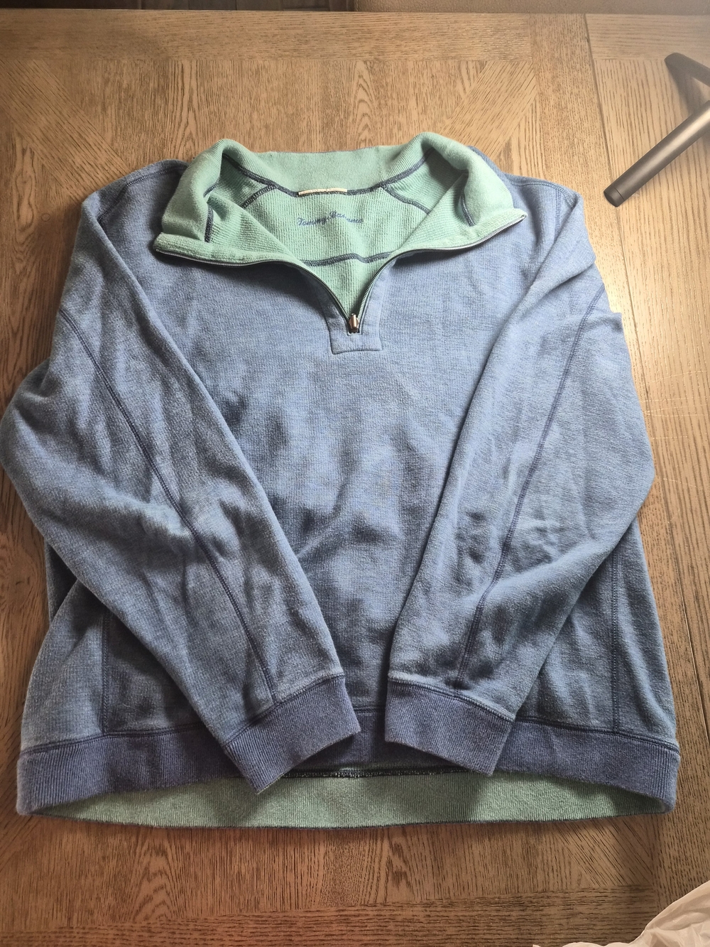 Tommy Bahama Light Blue V-Neck Quarter-Zip Sweater with Mint Collar